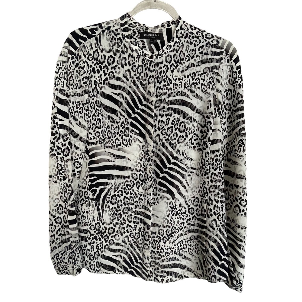 Lafayette 148 Silk Blouse 6 Animal‎ Print Black Gray White Classic Workwear